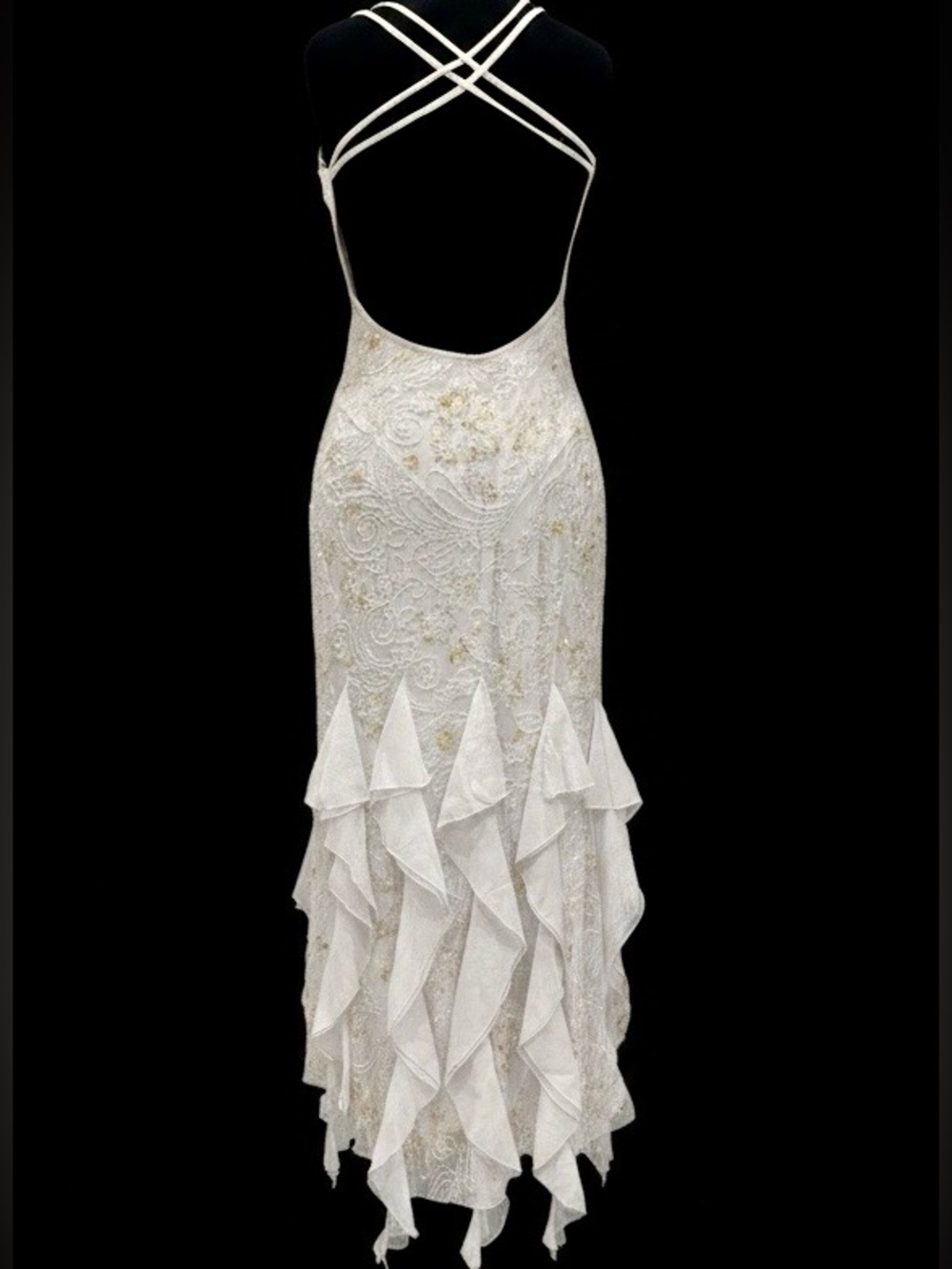White hand Beaded Ruffle Backless Evening Dress. Power mesh stretch fabric.